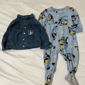 Bluey Blue Cartoon Kids Footie and Denim Jacket Bundle Baby Girl Size 12 Months
